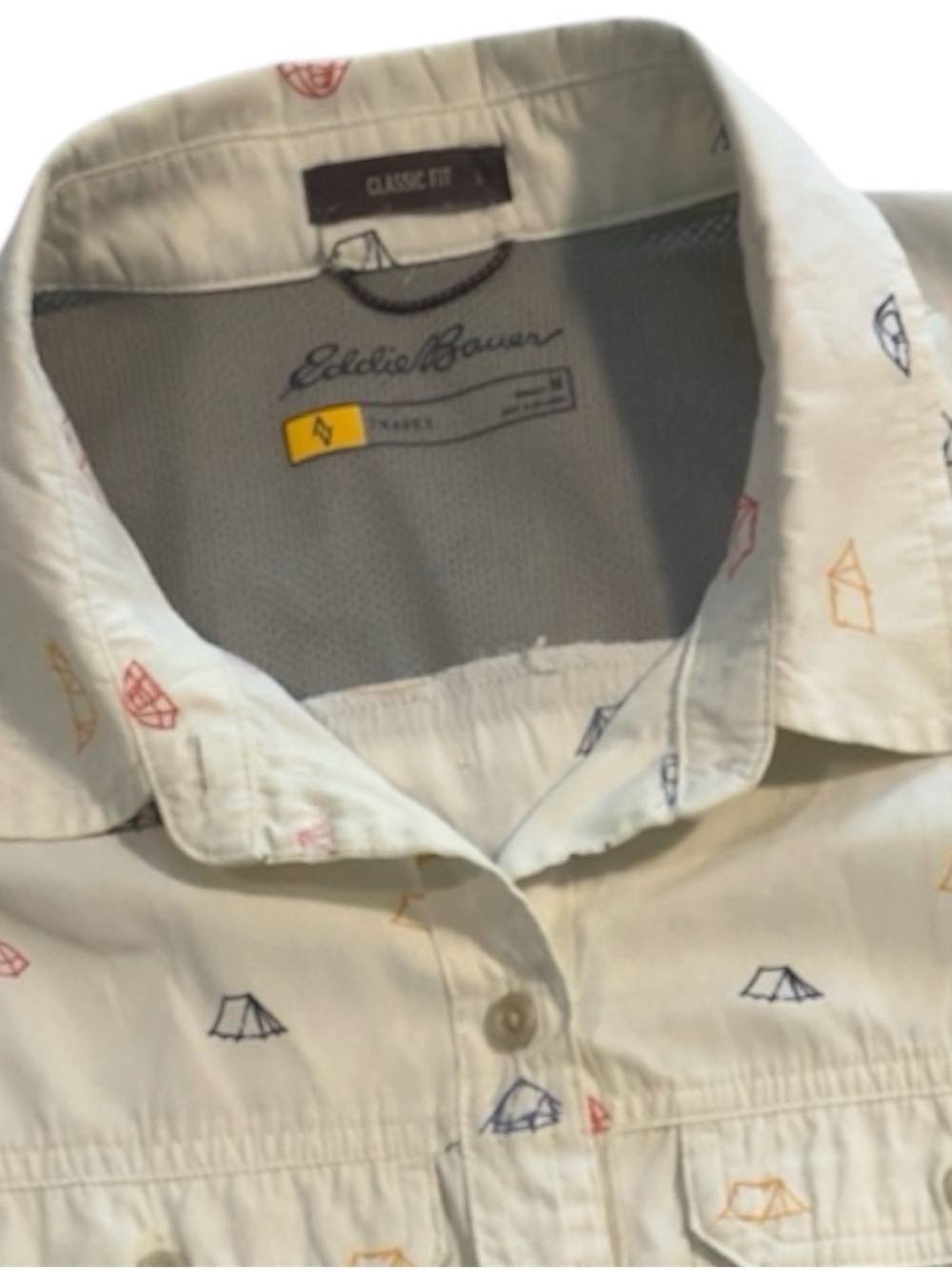 Women’s Eddie Bauer Travex Tent Print Hiking Travel Button Up Shirt M